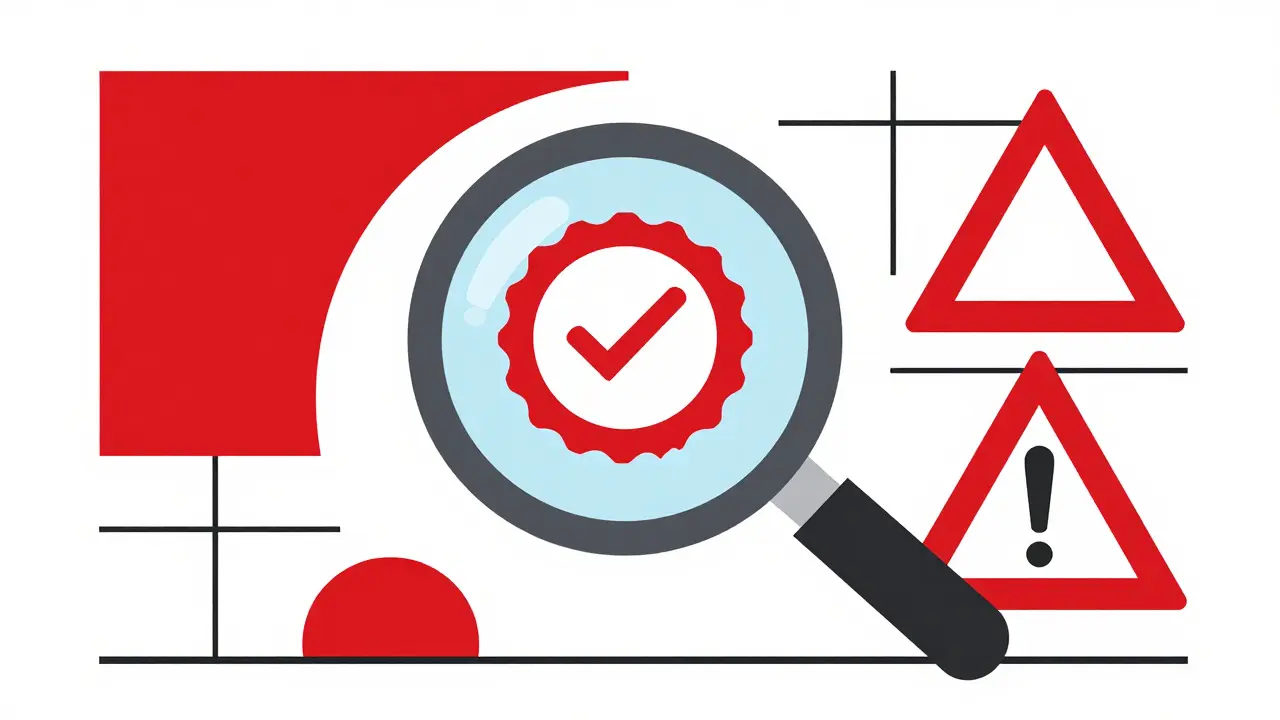 Stylized illustration of a magnifying glass examining a certification seal for pharmacy safety.