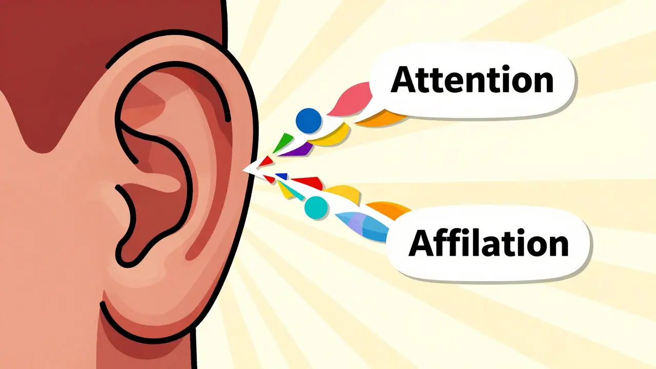 Abstract ear listening to colorful speech bursts, representing attentive care.