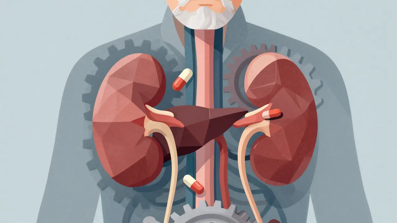 Abstract gears representing slow drug metabolism in seniors