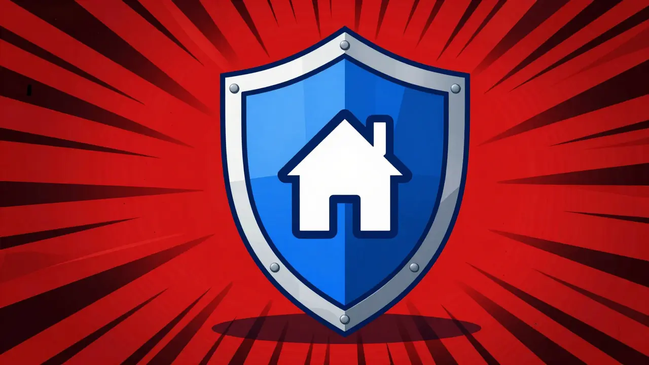 Abstract illustration of a geometric shield protecting a home from scam threats in constructivist style.