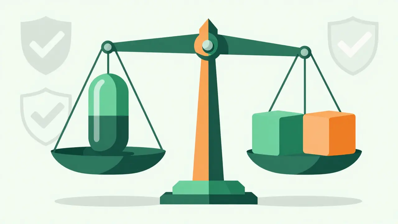 Abstract scale balancing a single pill against separate components