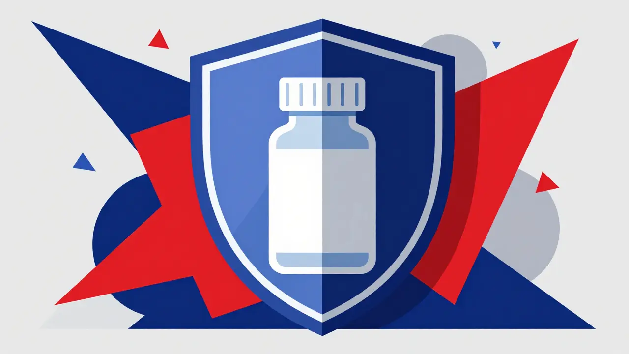 Abstract shield protecting medicine from scam symbols in a constructivist style.