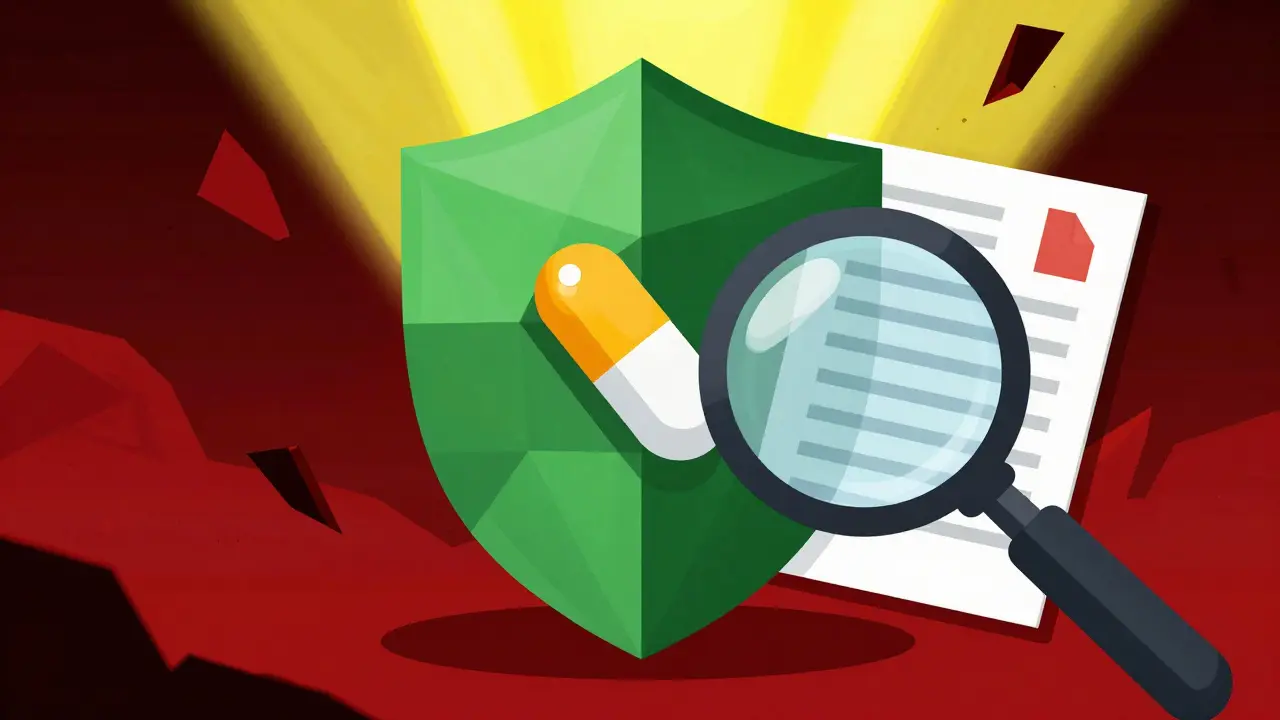 Constructivist art depicting safety shields protecting against online pharmacy scams