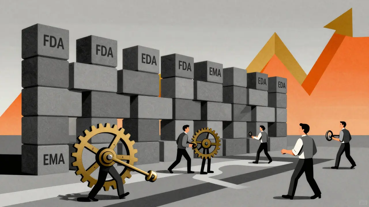 Constructivist style graphic of pharmaceutical firms navigating a geometric regulatory wall toward golden economic rewards.