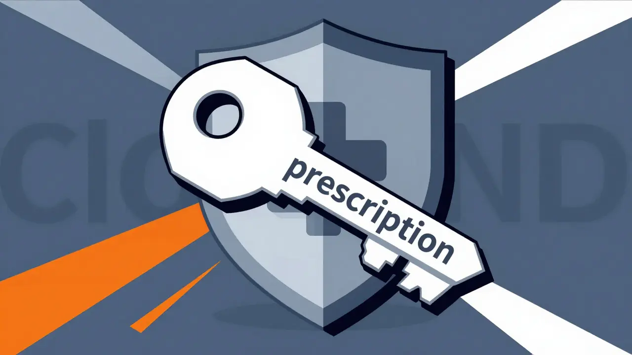 Constructivist style illustration of a geometric key unlocking a shield, symbolizing the need for a prescription.
