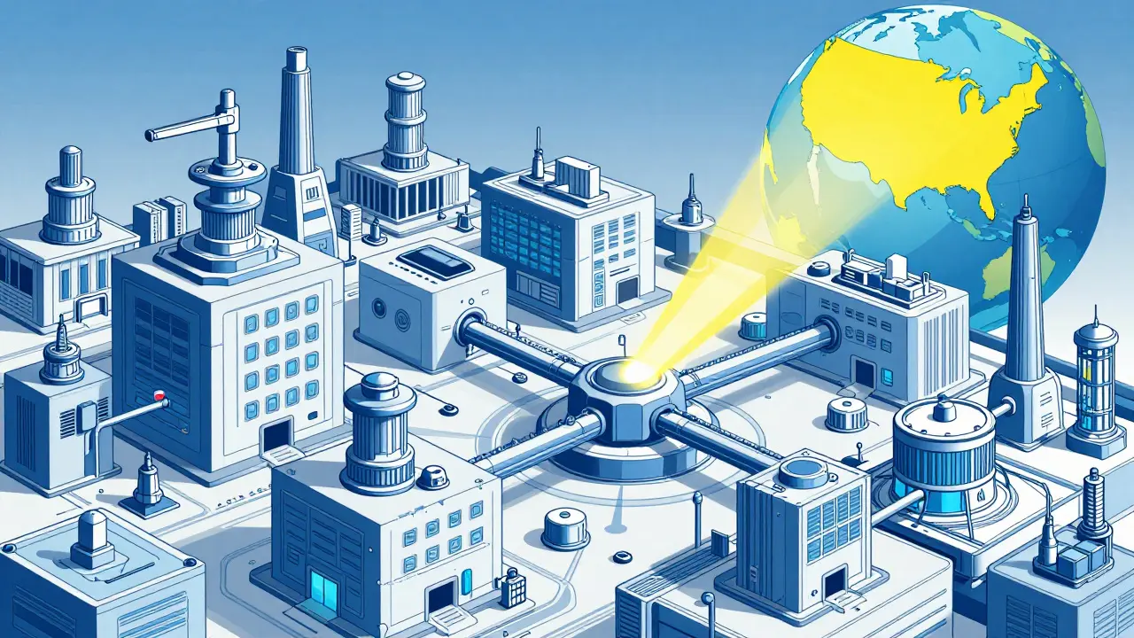 Futuristic constructivist art depicting merging industrial structures and global connections in the super generics market.