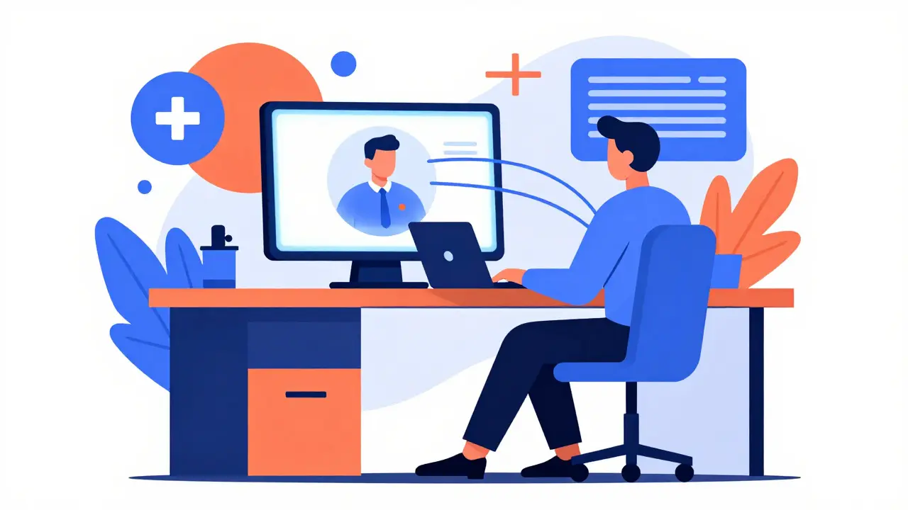 Geometric illustration of a person using a laptop for online medical consultation.