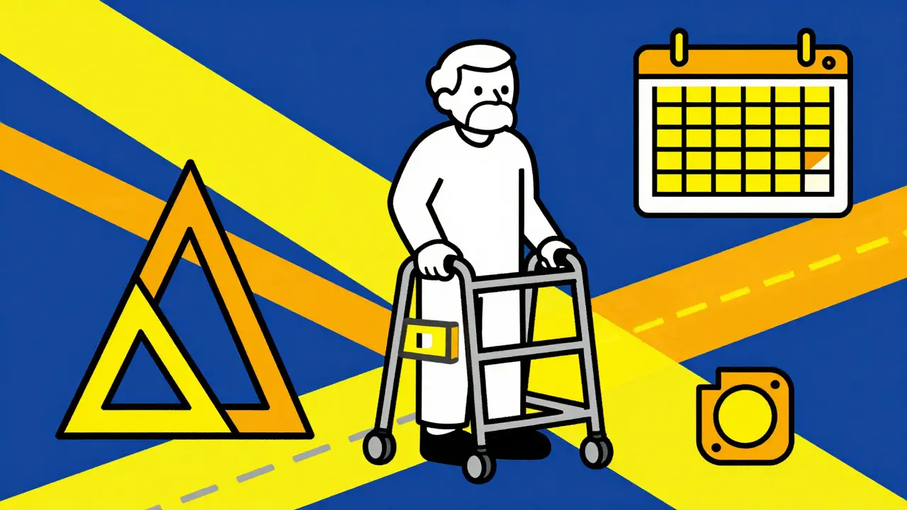 Geometric illustration of senior safety tools and support