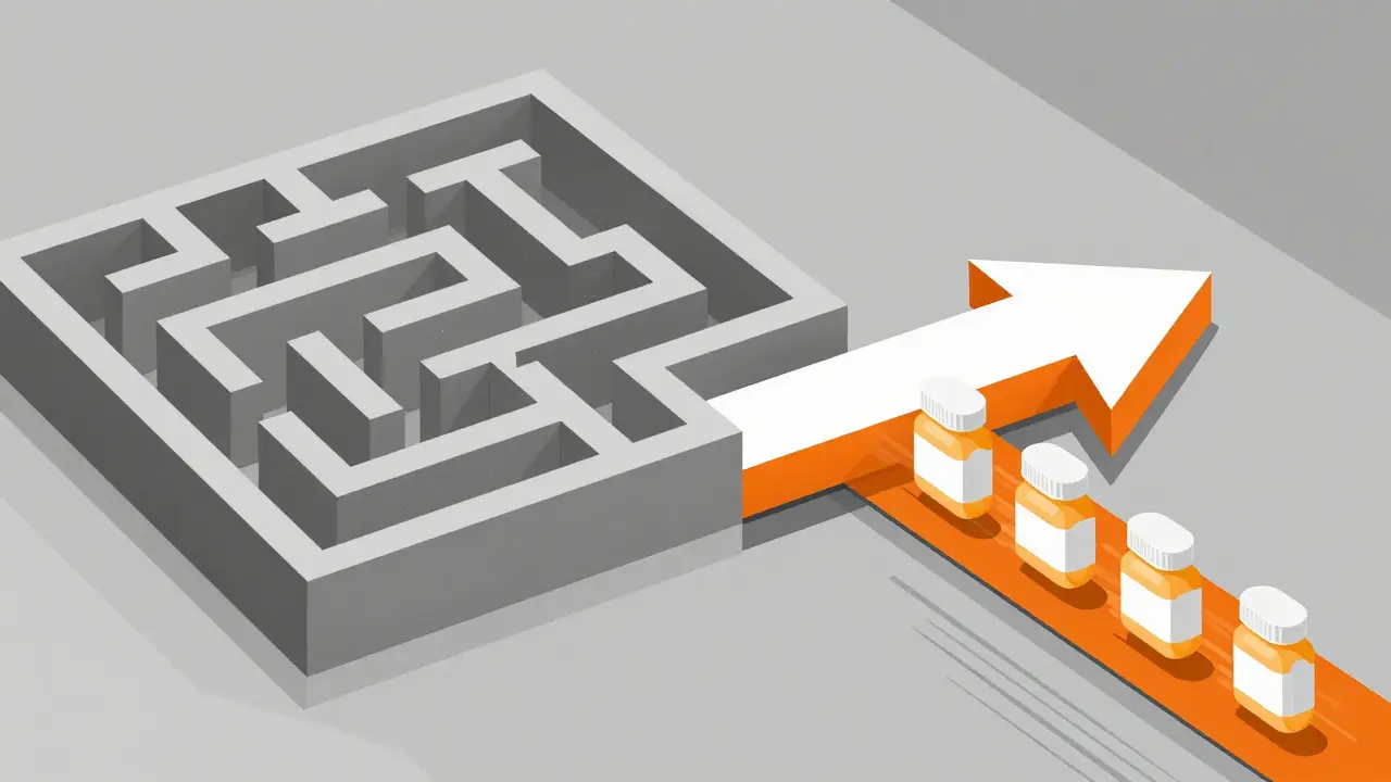 Streamlined arrow vs complex maze showing generic drug approval efficiency.