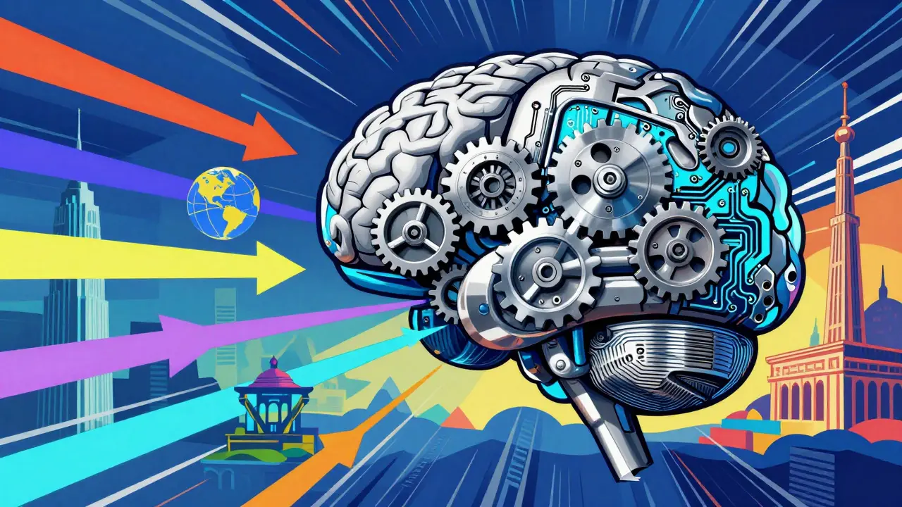 Stylized AI brain processing global cultural data streams in a futuristic constructivist industrial setting.