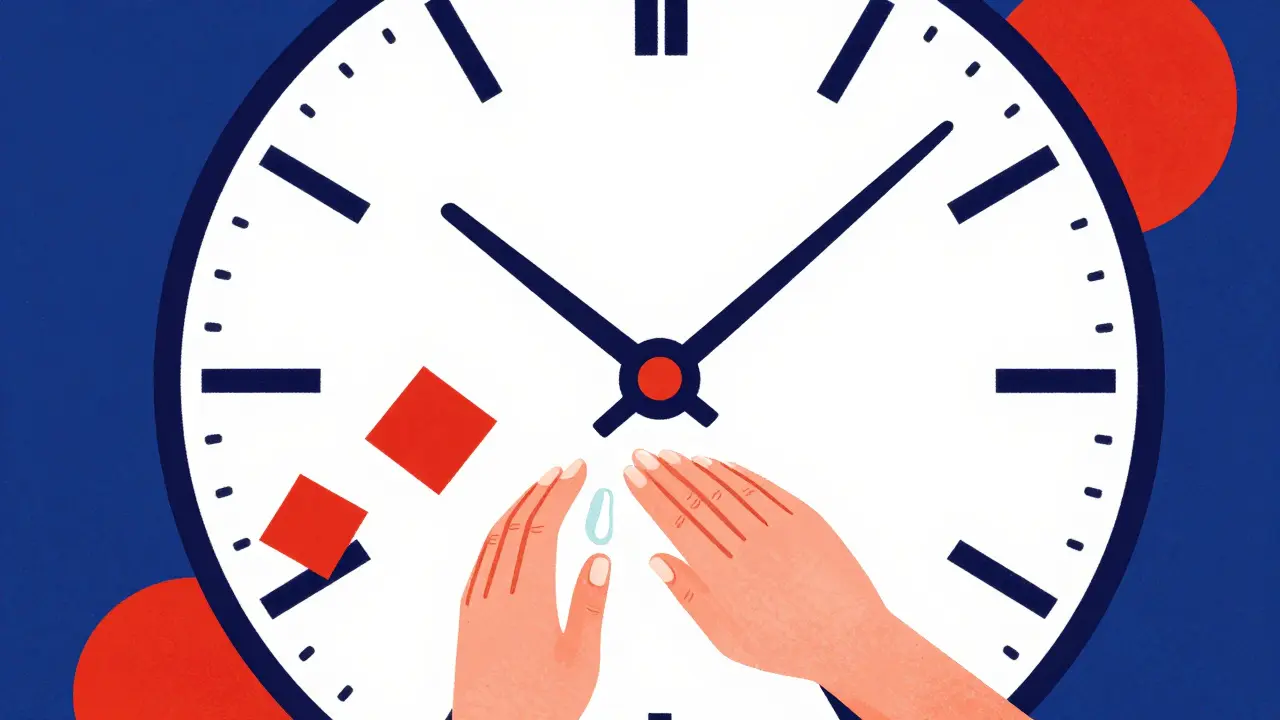 Stylized clock and figure illustrating sunscreen reapplication timing.