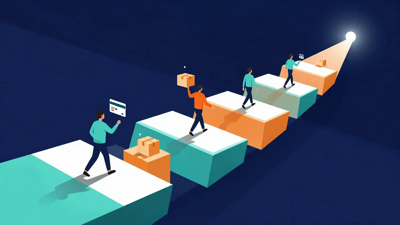 Stylized figures moving up geometric steps representing the online medication ordering process.