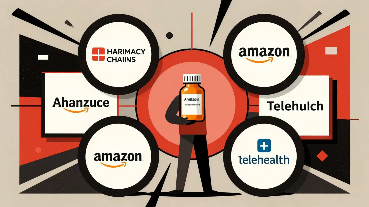 Stylized geometric shapes representing various legitimate pharmacy platforms combining to offer affordable medication.
