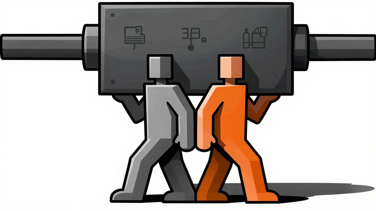 Two geometric figures lifting a weight together, showing clinician support.