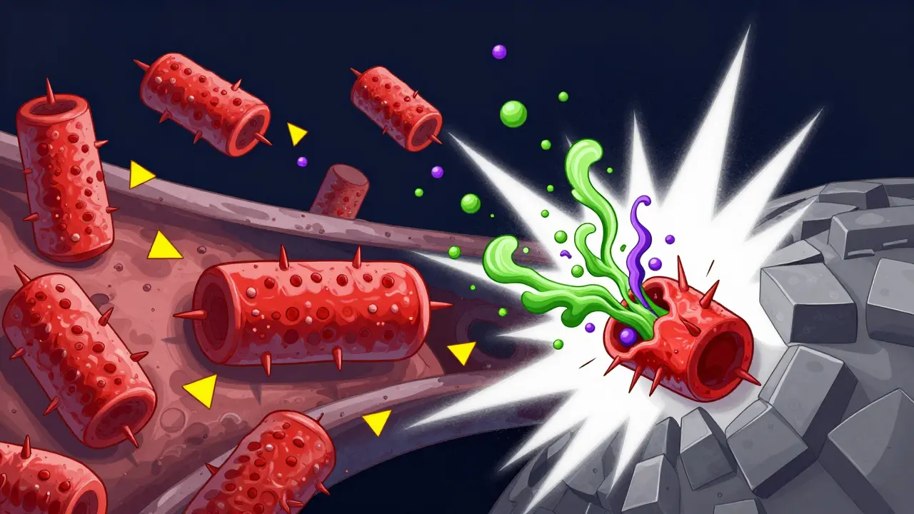 Abstract illustration of mast cells releasing histamine in a constructivist style.