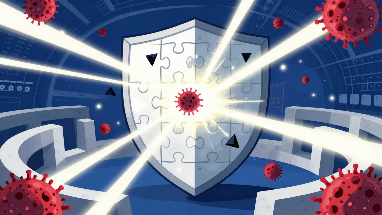 Abstract shield repelling dark shapes, symbolizing immune therapy