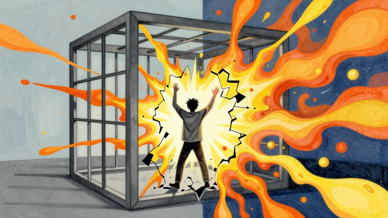 Figure breaking free from gray geometric cage into vibrant colors
