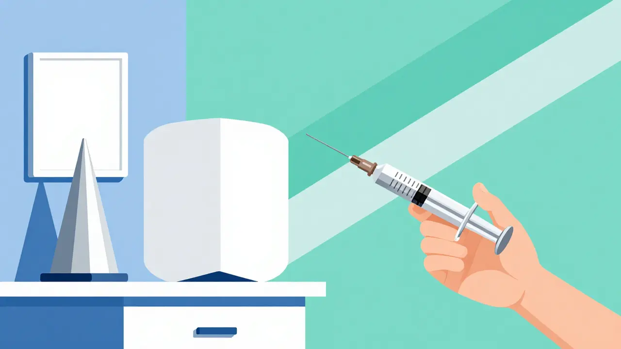 Geometric art depicting environmental controls and medical treatment for asthma.