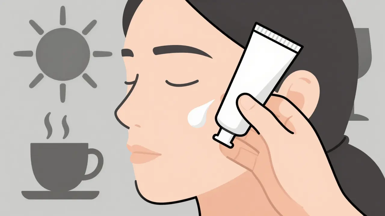 Hand applying cream to stylized face with trigger symbols in background