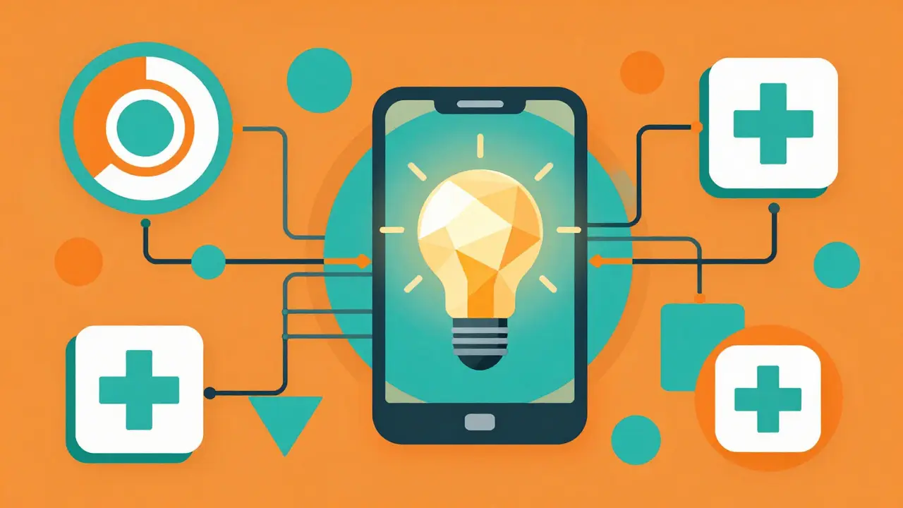 Modernist geometric design linking phones to healthcare via bright shapes