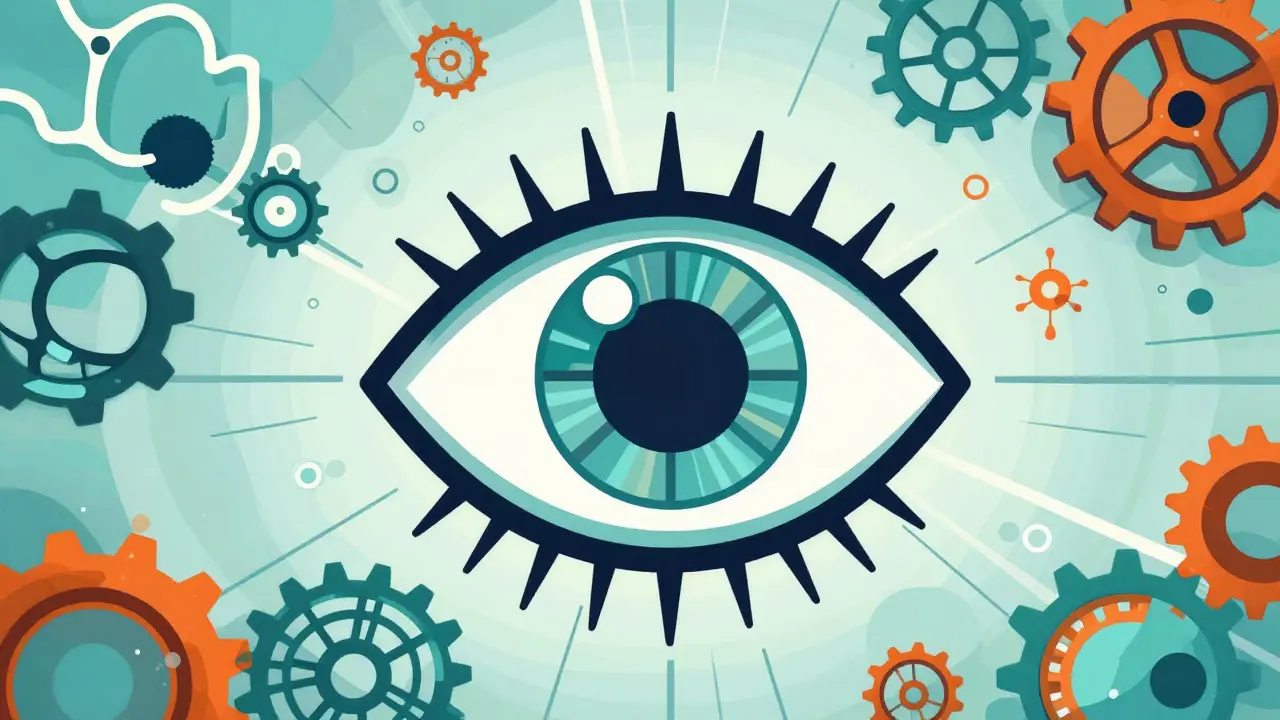 Stylized eye surrounded by complex protein structures and gears