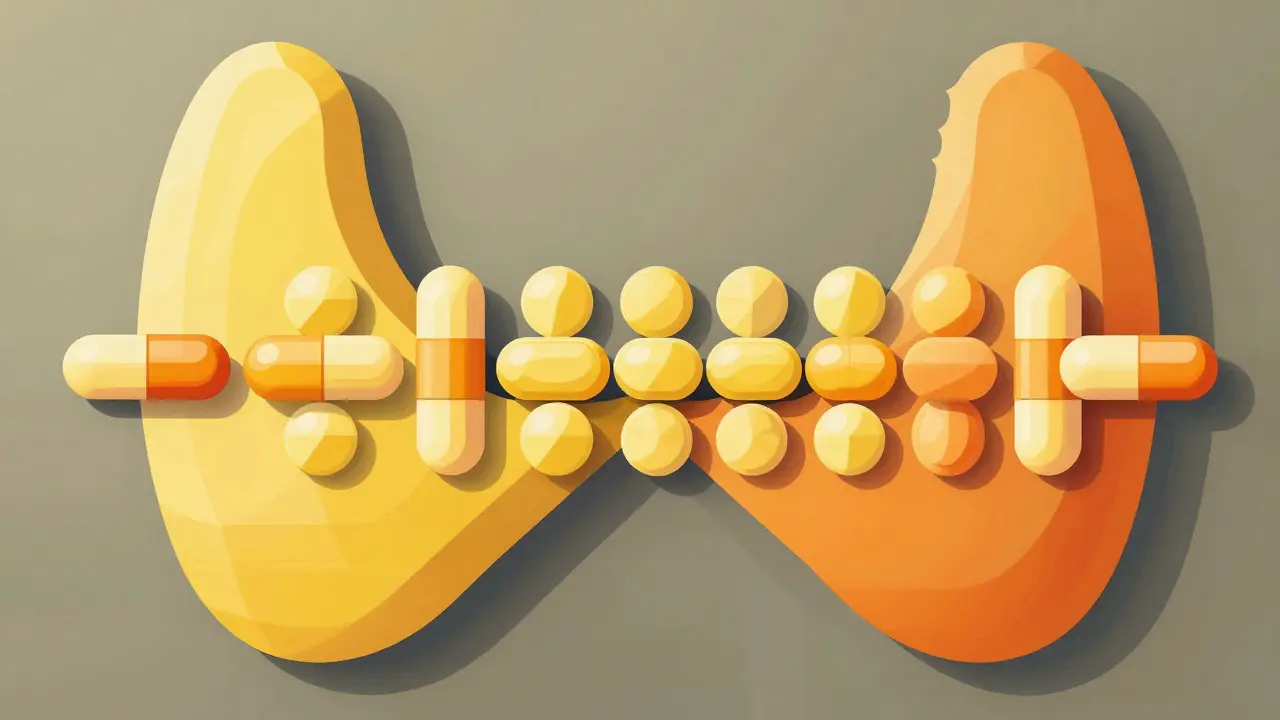 Stylized illustration of consistent thyroid medication intake using geometric pills and warm colors.
