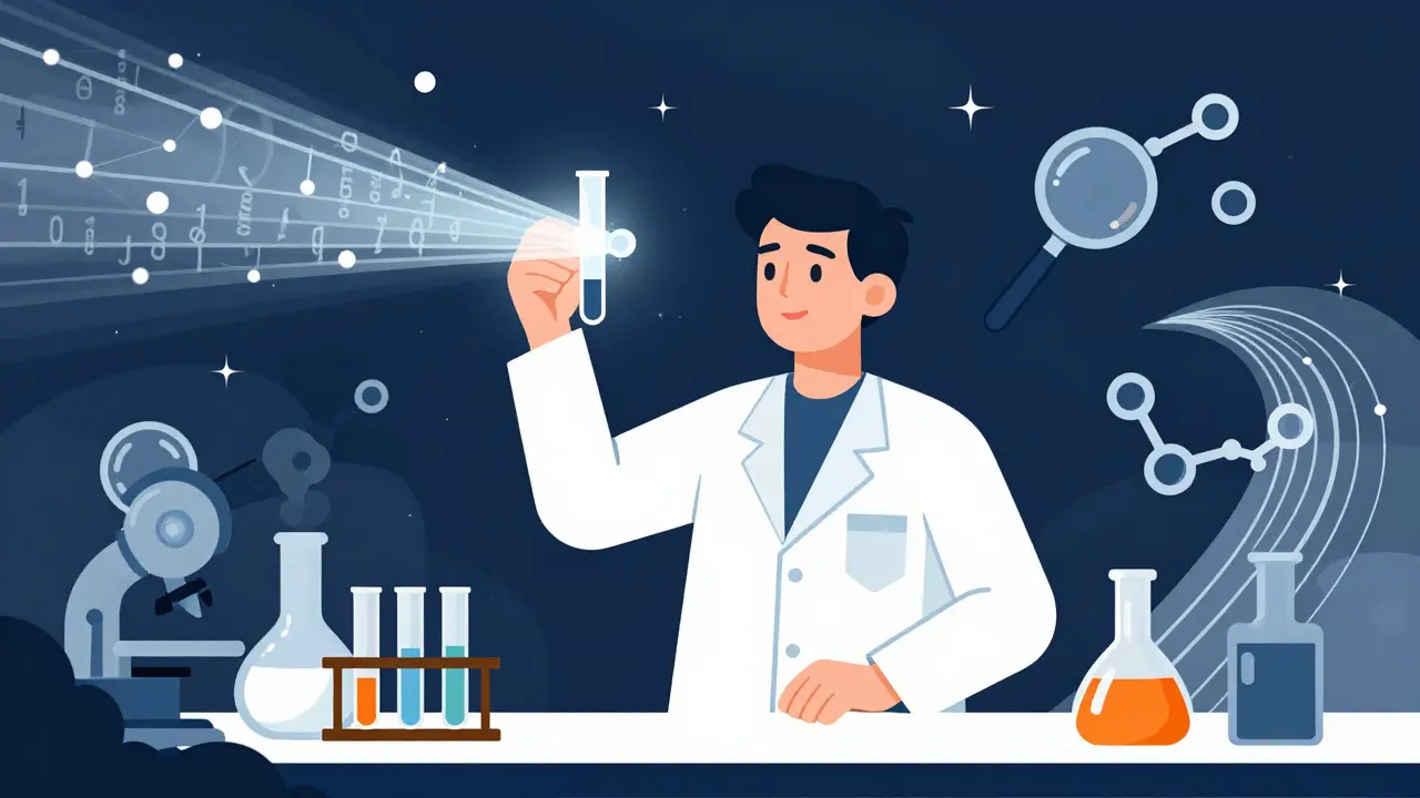Stylized scientist analyzing drug structure with glowing test tube in lab setting