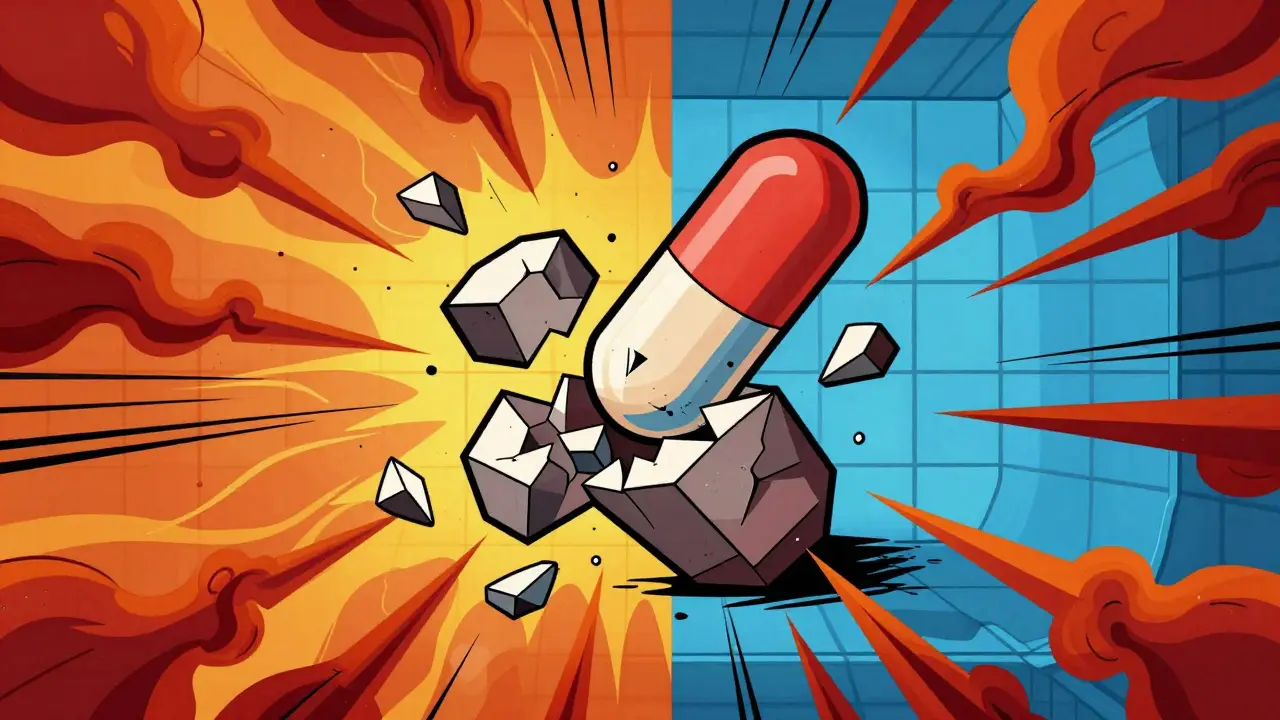 Abstract art showing pills degrading due to heat and humidity
