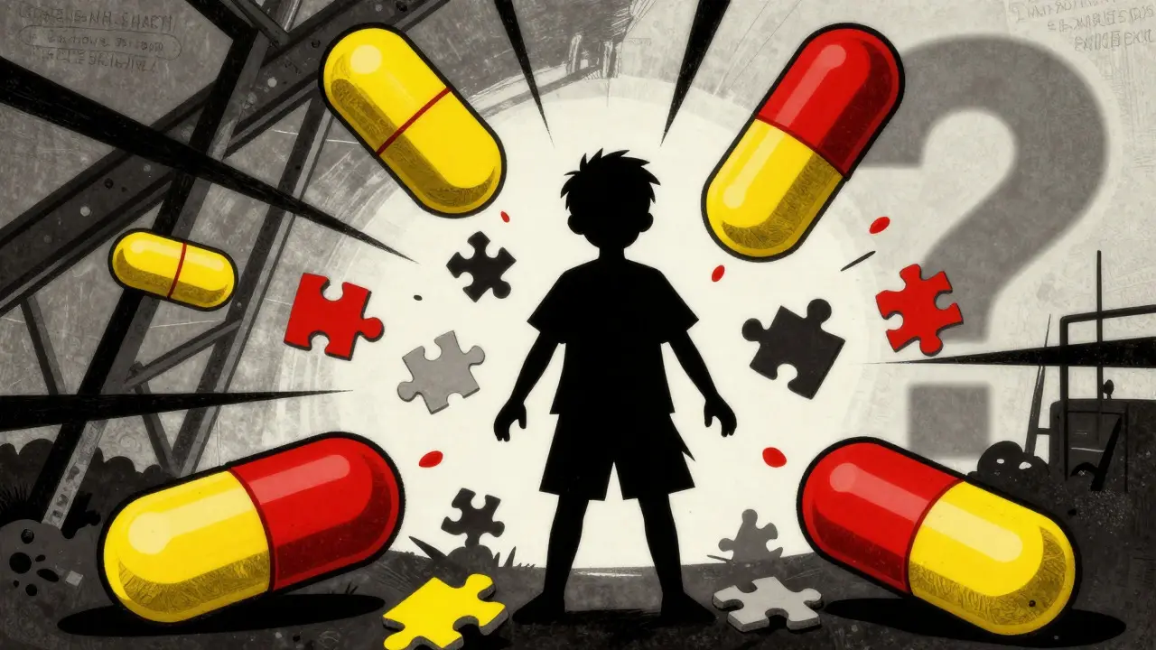 Abstract child silhouette under pressure from mismatched pills
