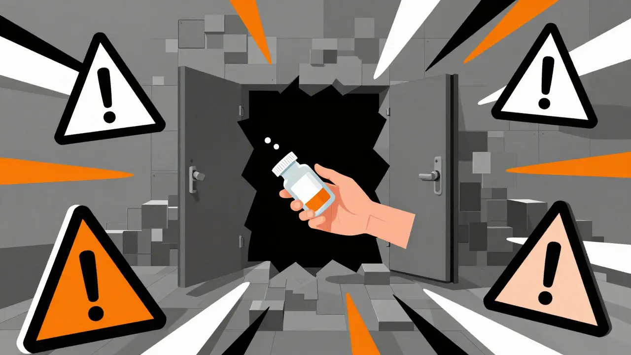 Abstract illustration of a dangerous online pharmacy trap with distorted pills.