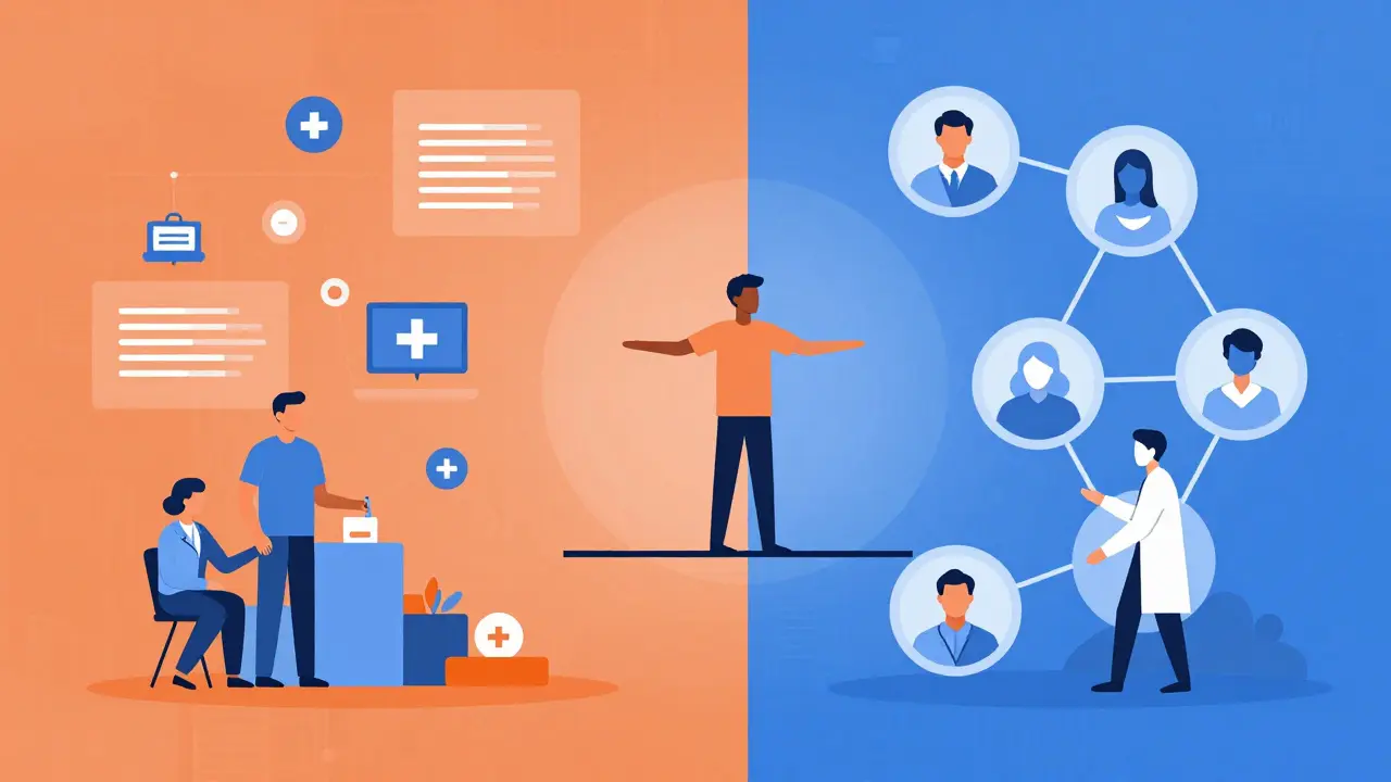 Constructivist illustration blending tech blocks and human support circles.