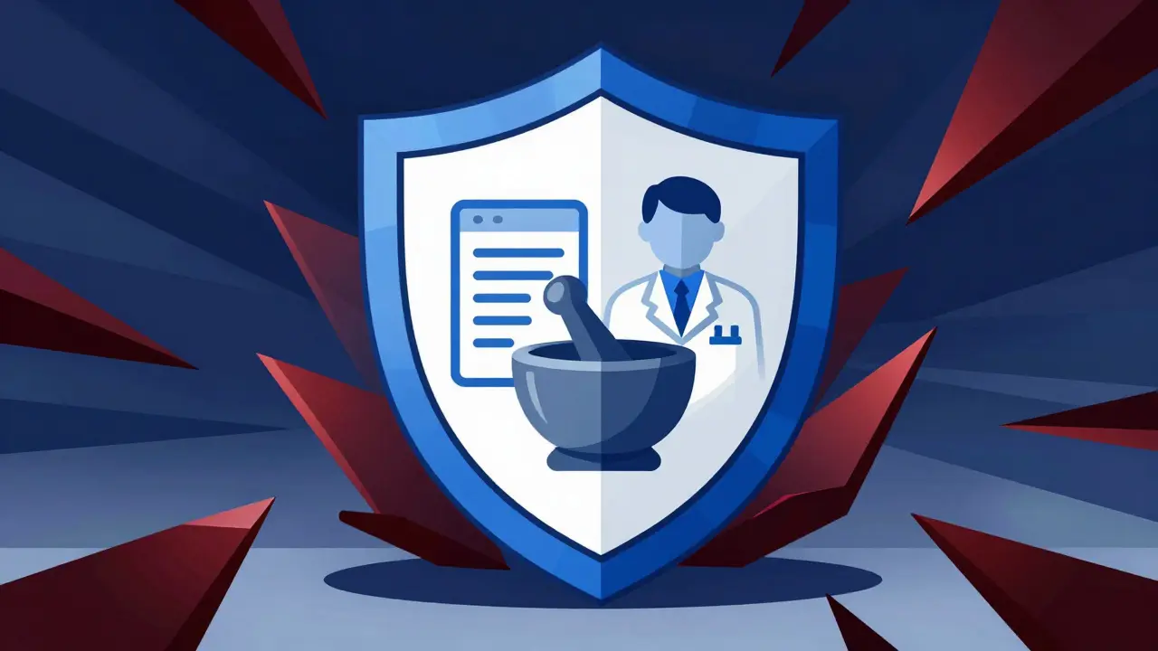 Constructivist illustration of safe online pharmacy verification shield