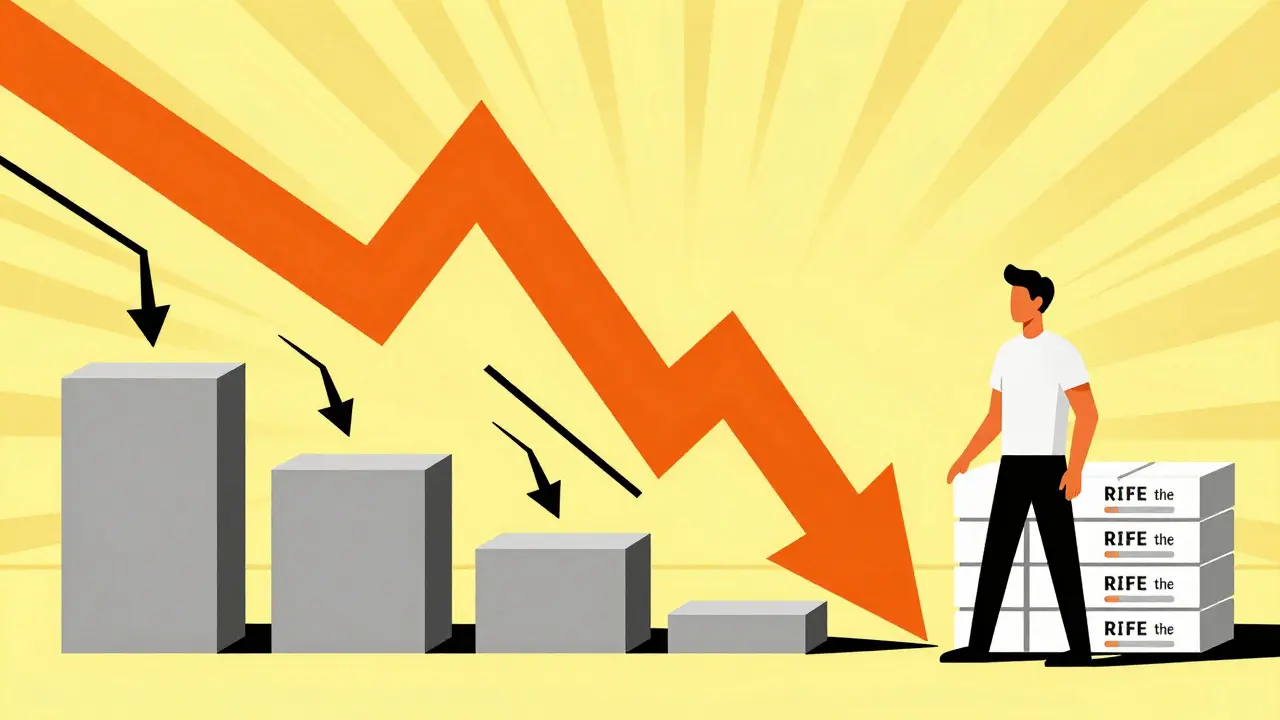 Descending price blocks illustrating medication cost savings