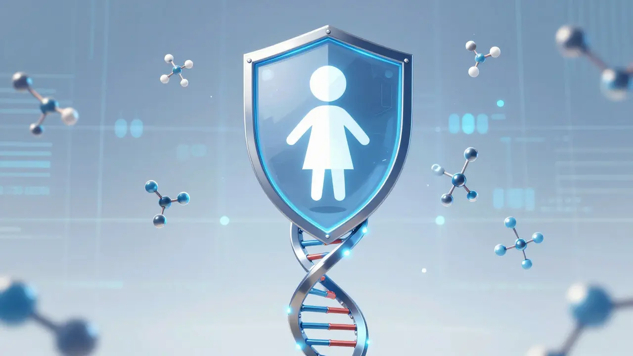 DNA helix forming a shield over a geometric child icon