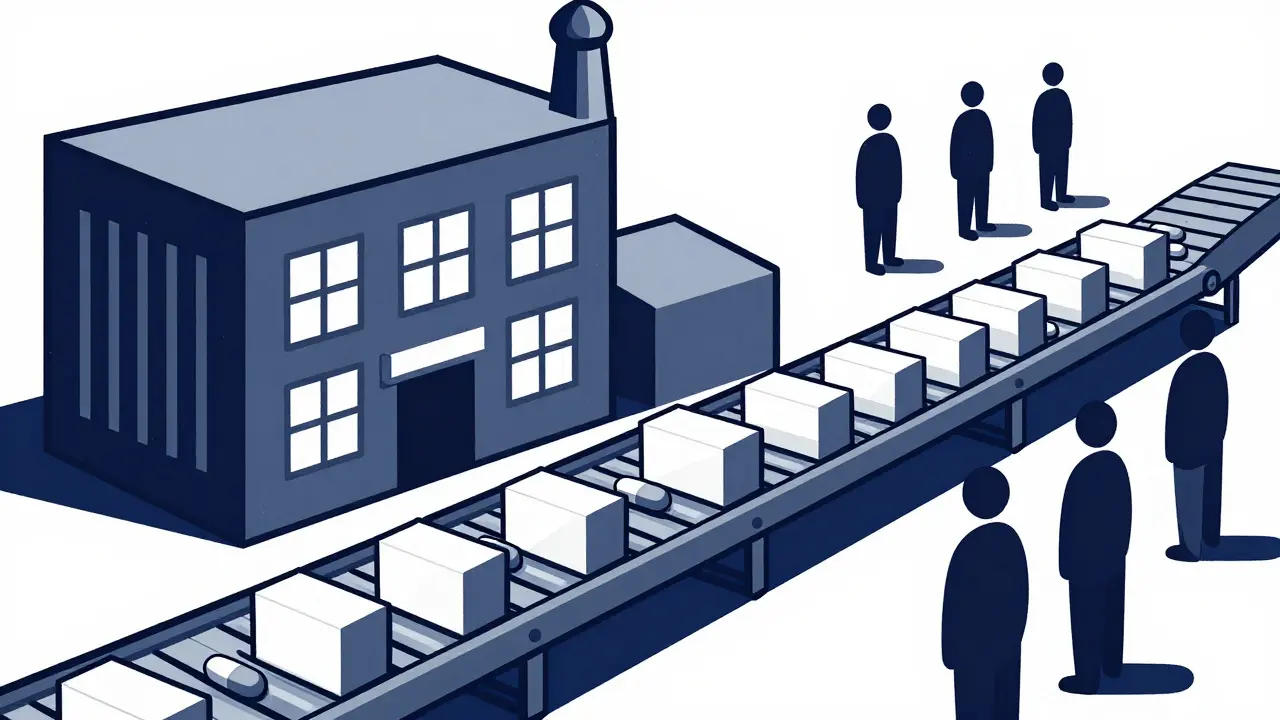 Factory illustration depicting authorized generic production from the original brand manufacturer