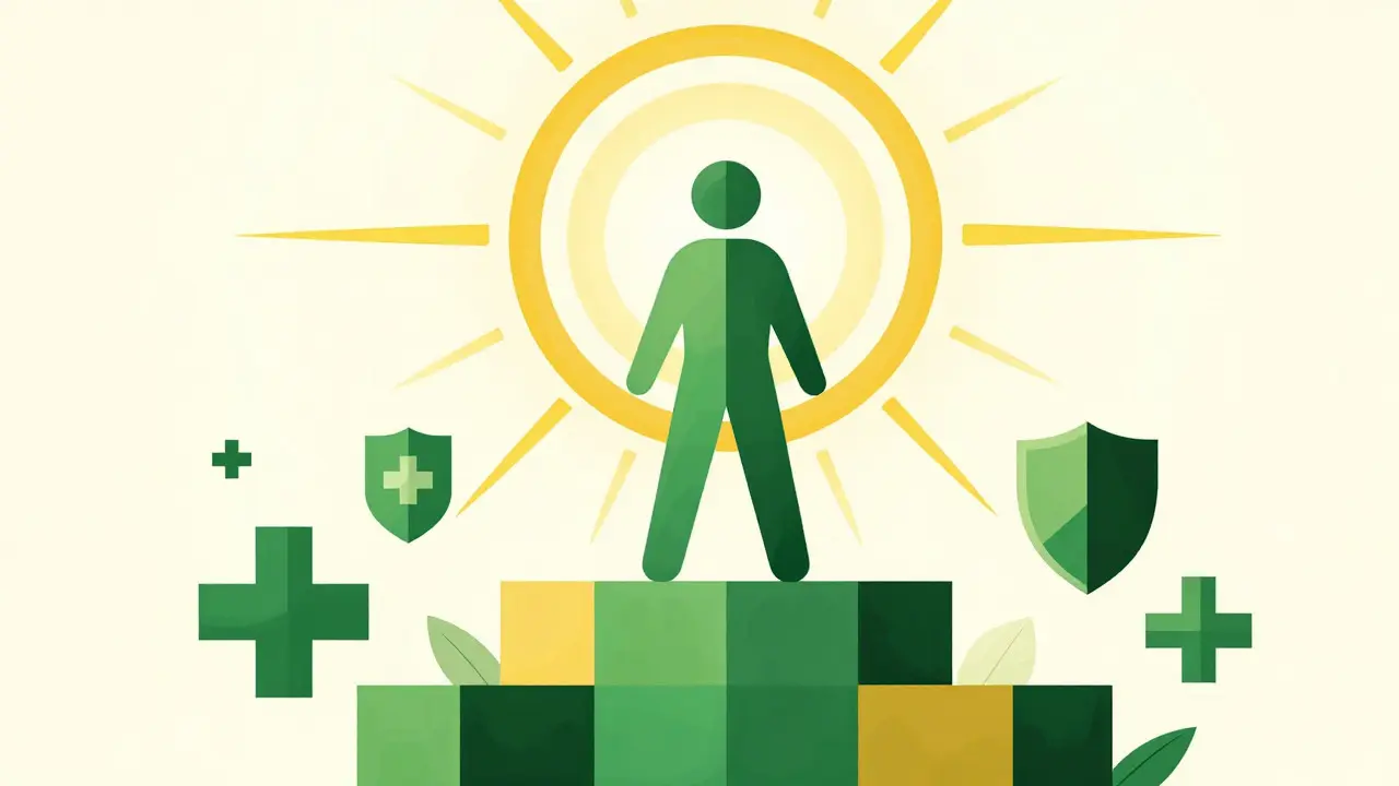 Geometric art showing a patient standing safely on certified medical support.