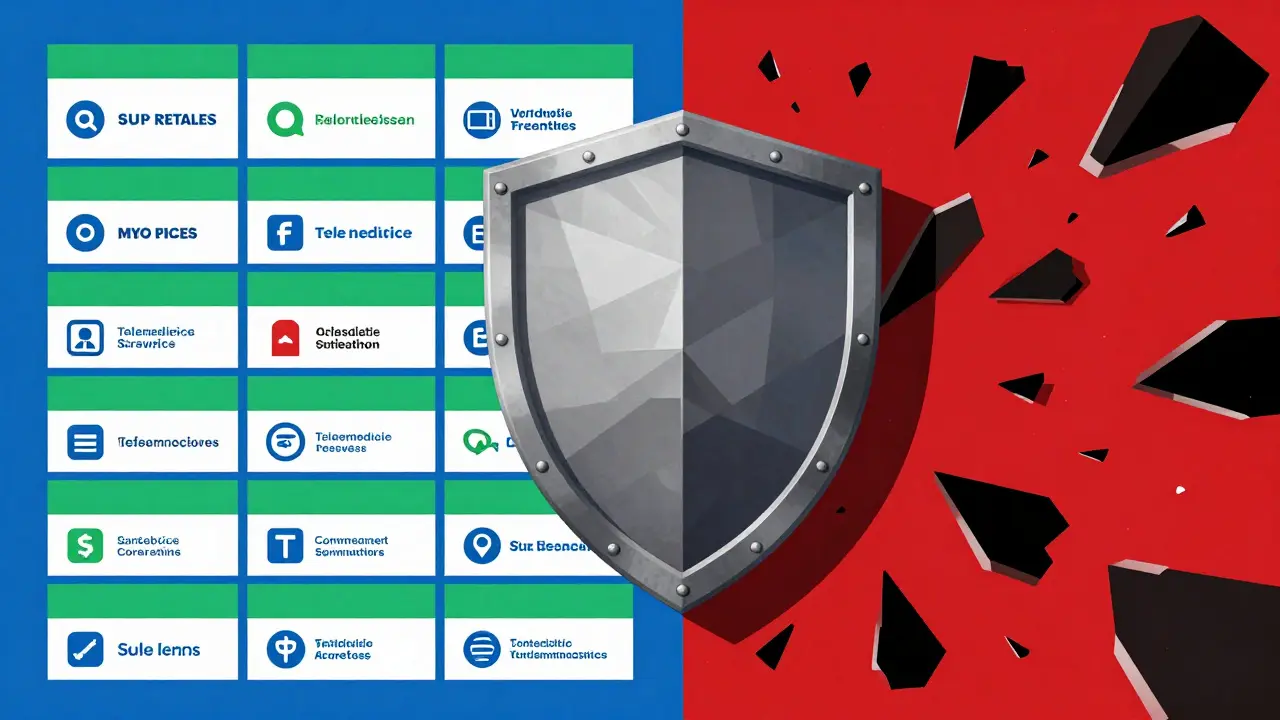 Geometric illustration contrasting safe vs unsafe online pharmacies