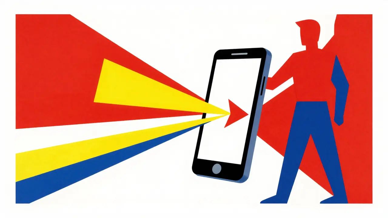 Geometric poster style phone sending light beams to a person as a reminder.