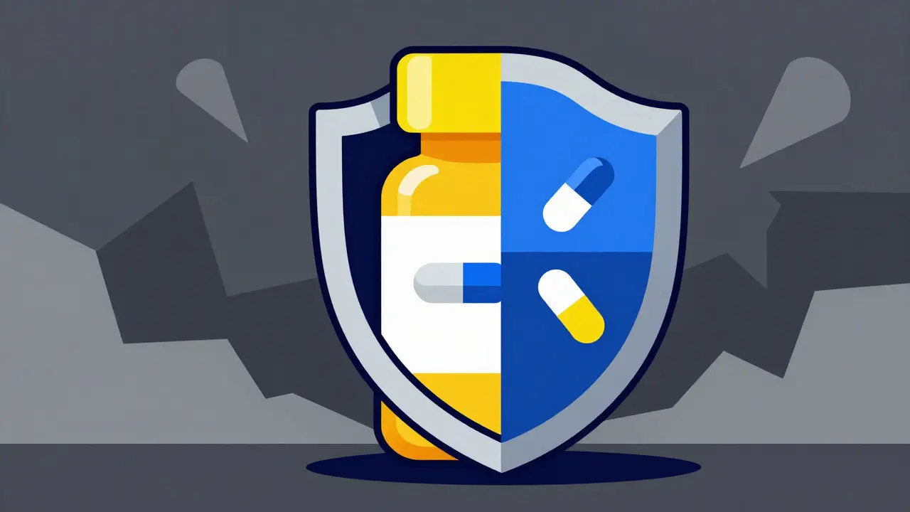Geometric shield protecting medicine bottle from abstract threats