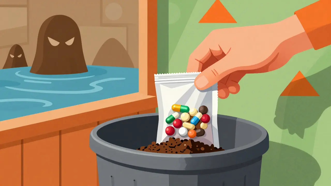 Hand disposing of mixed pills and coffee grounds in trash bin