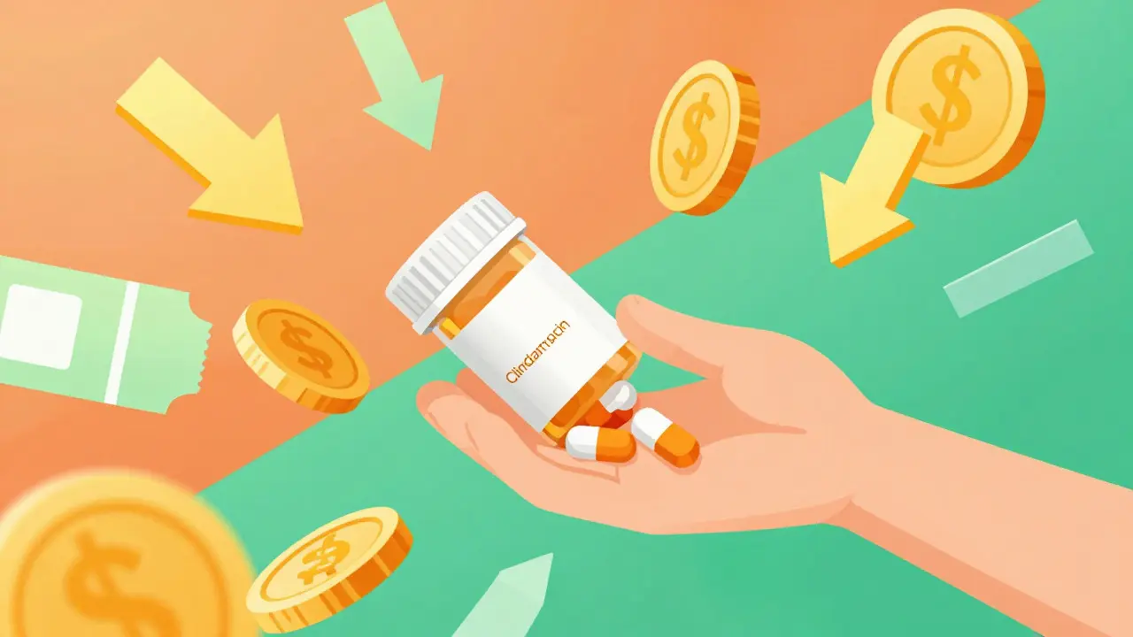 Hand grabbing pills surrounded by coins and savings symbols