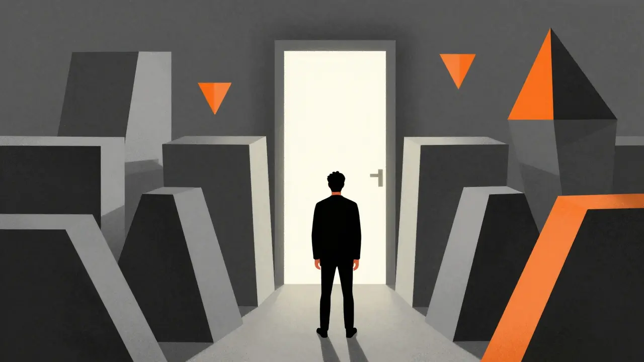Person navigating bureaucratic barriers toward healthcare alternatives