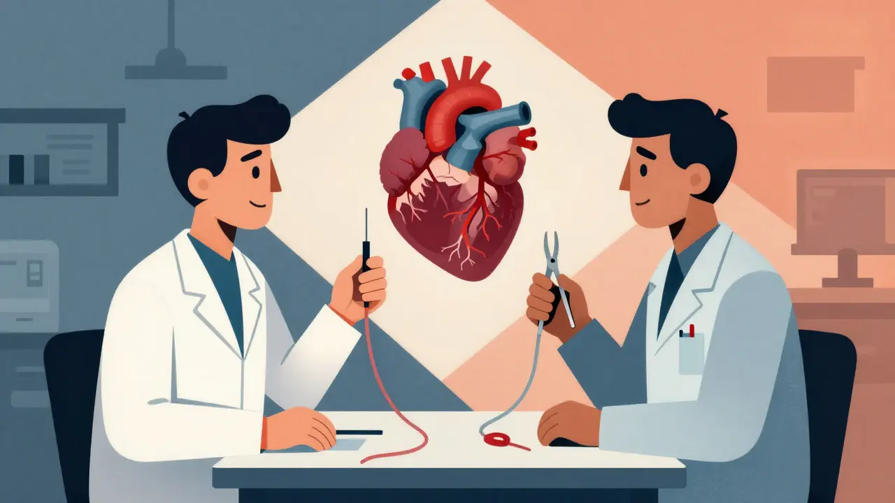 Stylized doctors discussing heart treatment options in a geometric room
