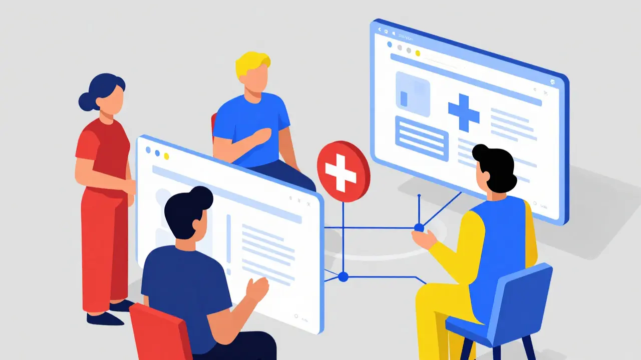 Abstract cartoon style depiction of telemedicine and digital health connections.