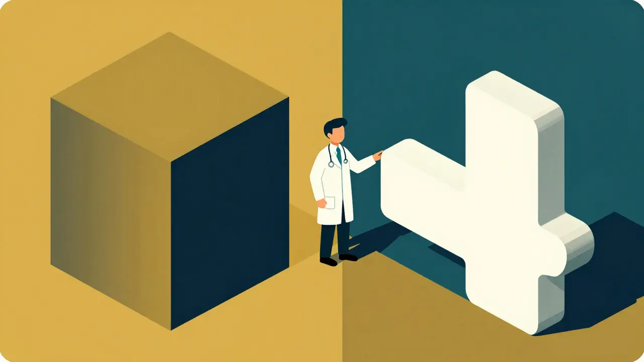 Abstract constructivist art comparing generic and brand drug options with a pharmacist guiding the choice