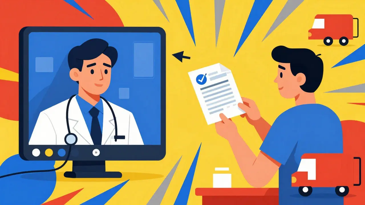 Abstract depiction of telehealth consultation leading to digital prescription