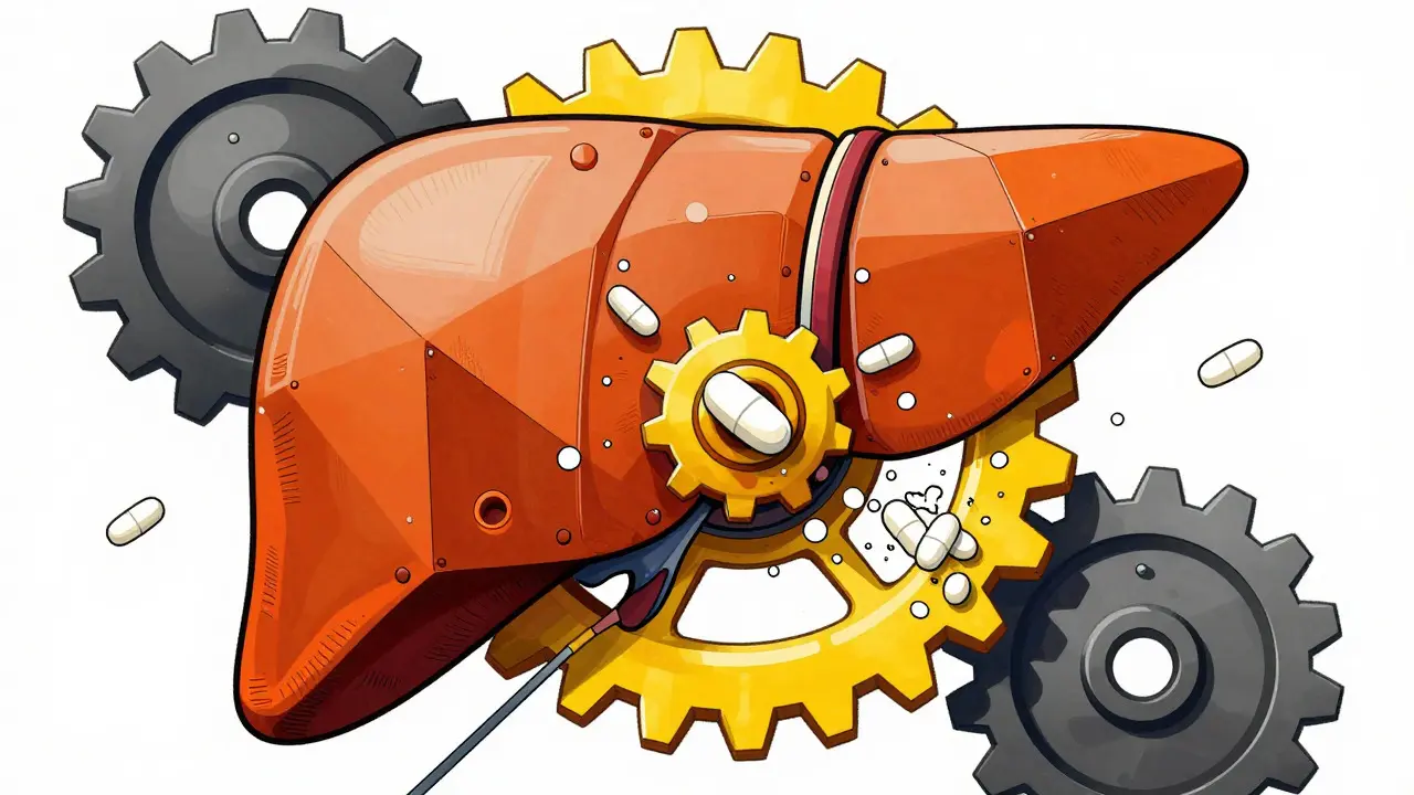 Abstract gears crushing pills representing liver enzyme drug interactions