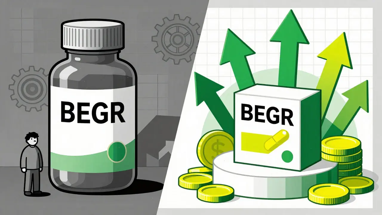 Constructivist art comparing expensive brand-name drugs with affordable generic options.