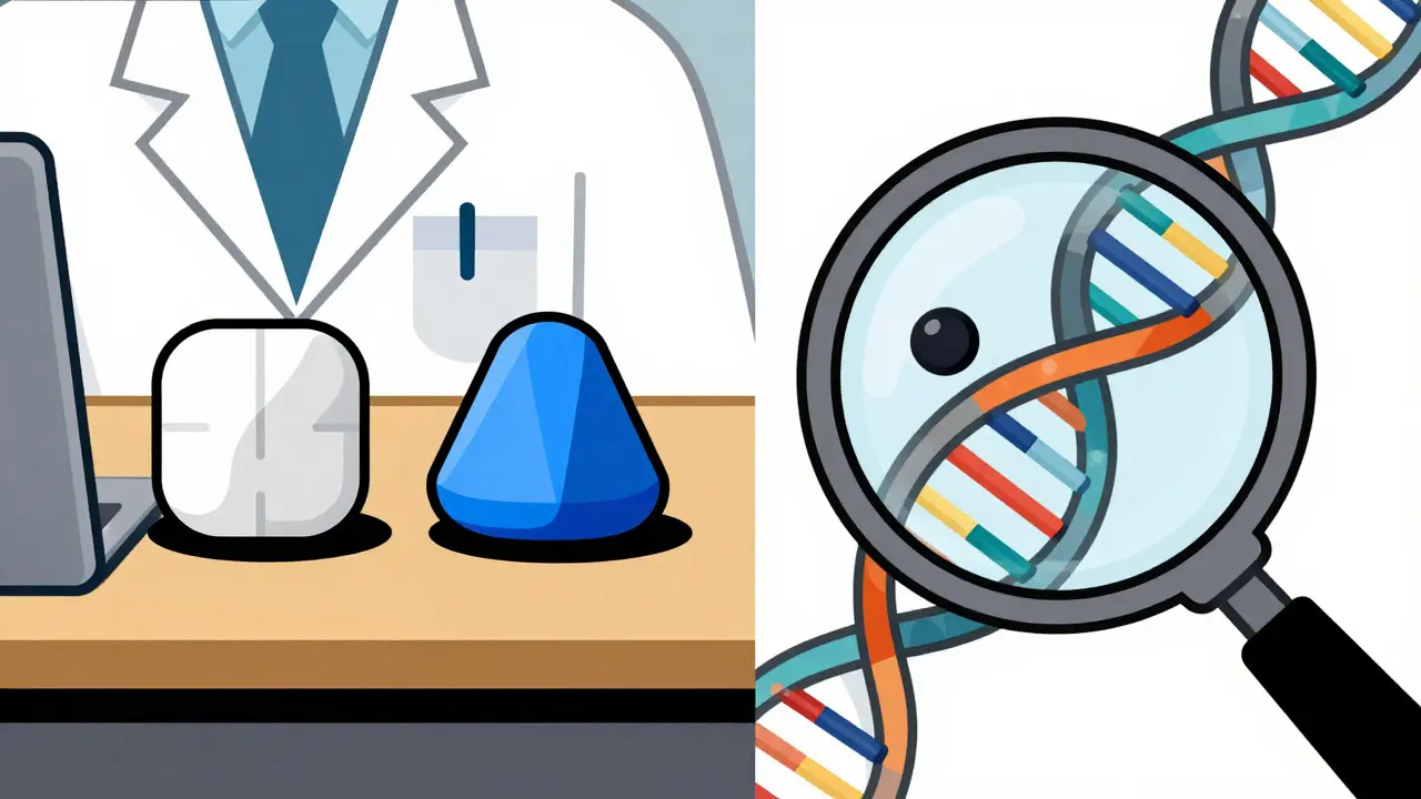 Constructivist art comparing generic and brand drugs with DNA focus