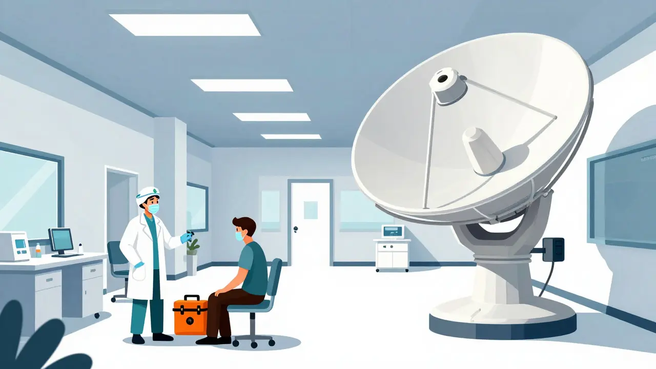 Constructivist art of a clinic with a large radar symbolizing vaccine safety monitoring